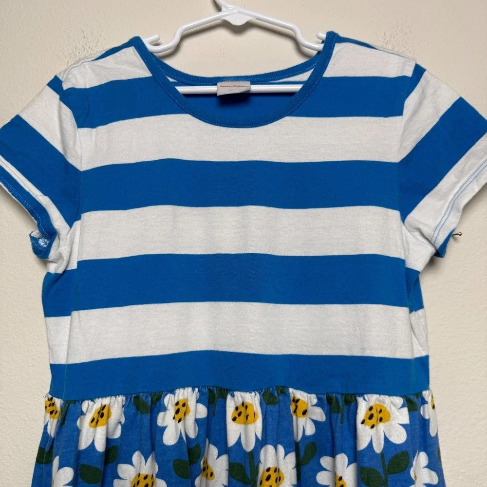 Hanna‎ Andersson Mixie Dress 10 Daisy Blue White Stripe Patchwork  Pockets 140cm